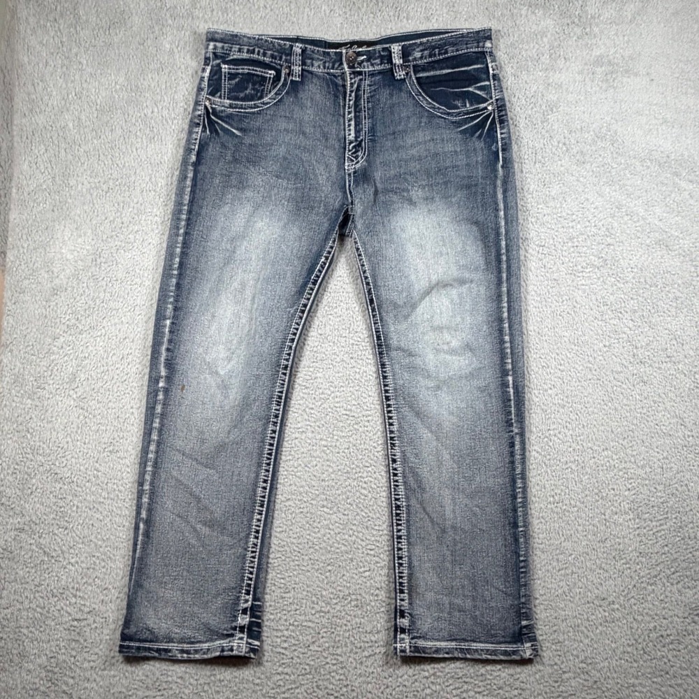 True Luck Mens‎ Straight Leg Blue Jeans 36x30 Contrast Stitch Embroidered Pocket
